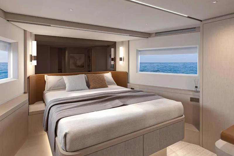 Slide: The Image of Luxurious bedroom interior of 2027 Solaris Power 70 GRAND COUPE yacht with ocean view. - 6
