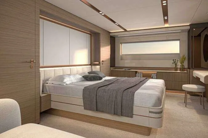 Slide: The Image of Luxurious bedroom interior of 2027 Solaris Power 70 GRAND COUPE yacht, featuring modern design. - 7