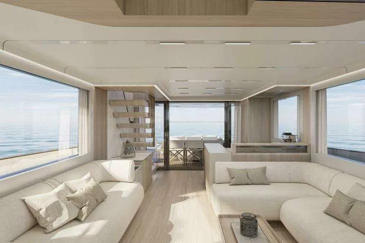 Slide: The Image of Luxurious interior of 2027 Solaris Power 70 GRAND COUPE yacht with modern design and ocean view. - 8
