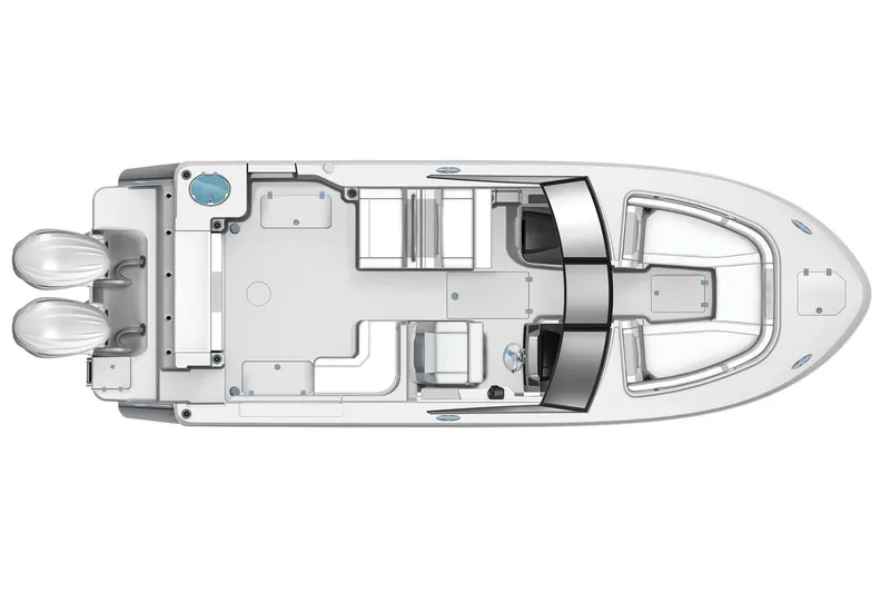 Slide: The Image of Manufacturer Provided Image: 2026 Robalo R277 Dual Console boat layout, top view, featuring dual engines and spacious seating. - 20