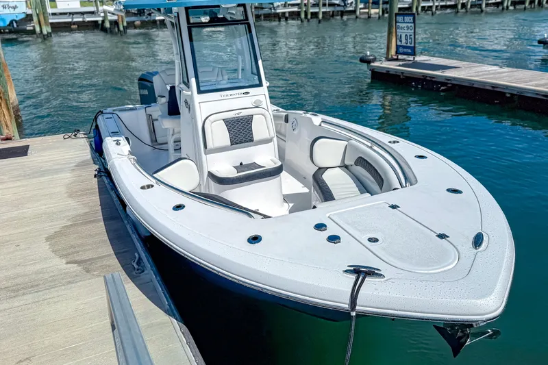 Slide: The Image of 2026 Tidewater 232 LXF boat docked on calm water, showcasing sleek design. - 17