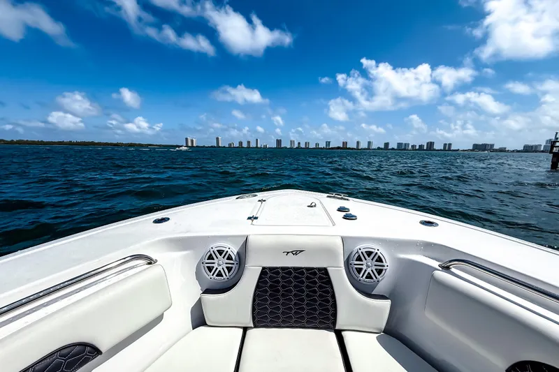 Slide: The Image of 2026 Tidewater 232 LXF boat on open water with city skyline in background. - 44