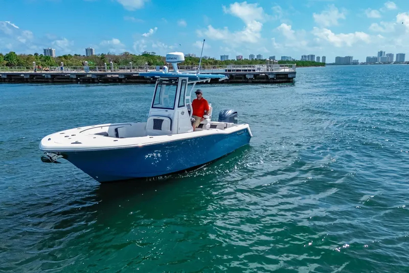 Slide: The Image of 2026 Tidewater 232 LXF boat cruising on blue water near a city skyline. - 9