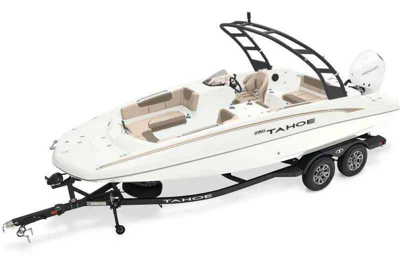 Slide: The Image of Manufacturer Provided Image: 2025 Tahoe 2150 boat on trailer, sleek design, white exterior, dual-axle trailer. - 5