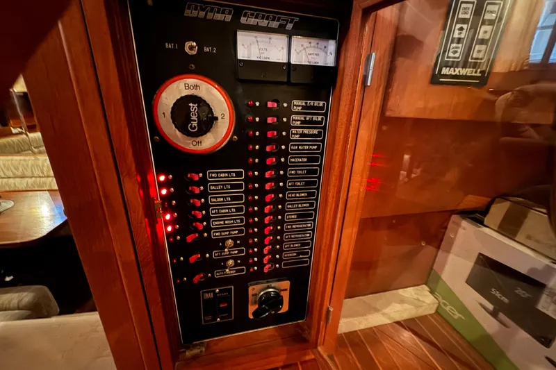 Slide: The Image of Electrical control panel inside 1989 Dyna Craft 45 yacht, featuring various switches and indicators. - 27