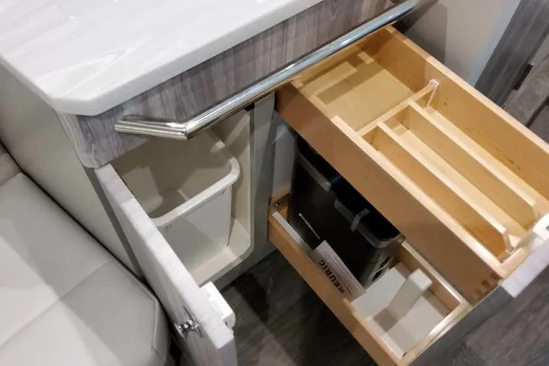 Slide: The Image of 2023 Formula 380 Super Sport Crossover OB interior with open storage compartments and sleek design. - 66