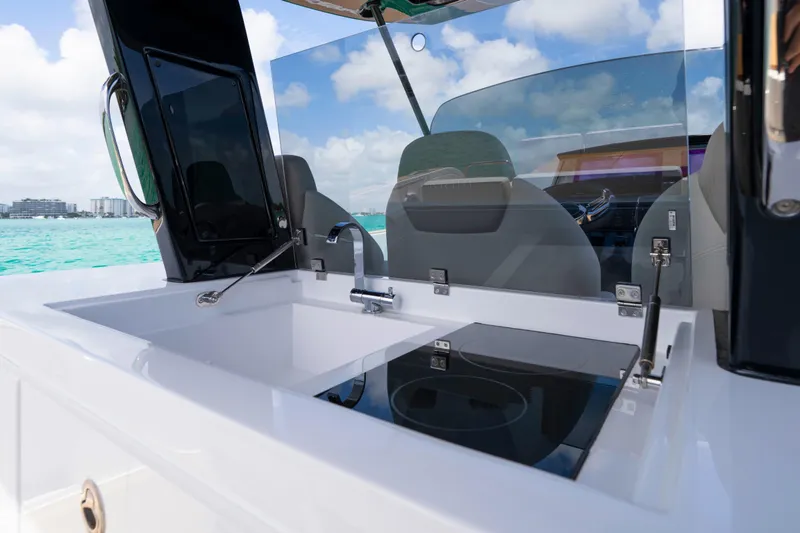 Slide: The Image of Modern Pardo Yachts P38 kitchen area with sleek design, ocean view, 2025 model. - 26