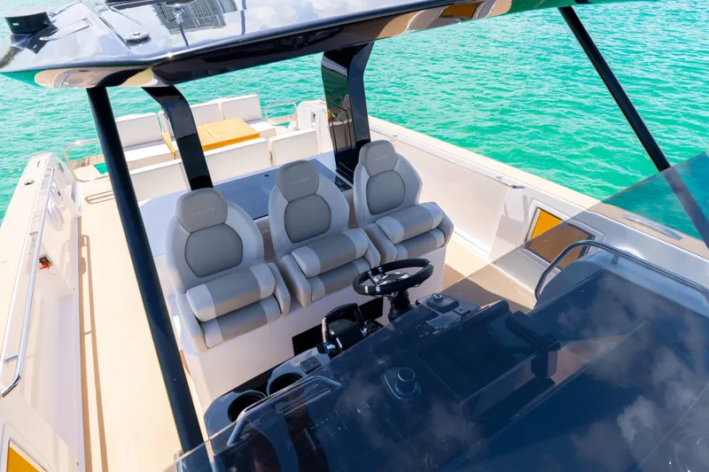 Slide: The Image of 2025 Pardo Yachts P38 luxury yacht interior with modern seating and sleek design. - 28