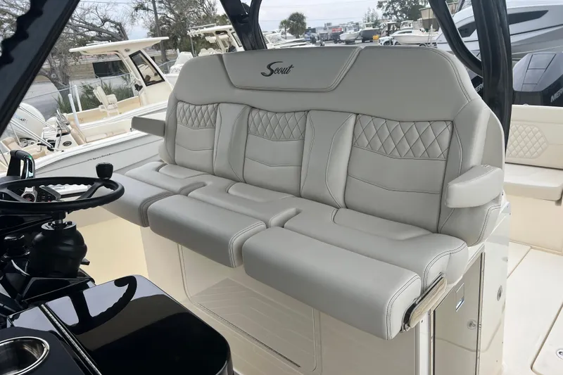 Slide: The Image of Luxurious seating on 2026 Scout 377 LXF boat, featuring elegant design and premium materials. - 9