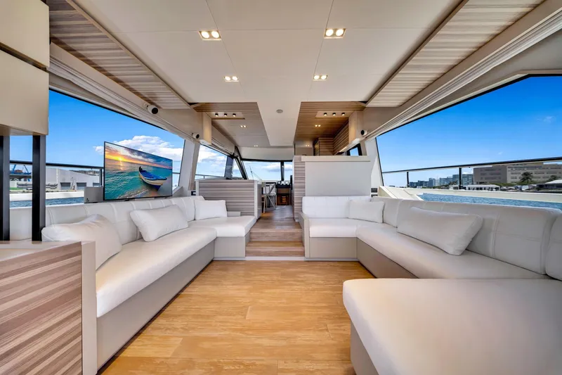 Slide: The Image of Luxurious interior of 2022 Ferretti Yachts 670 with modern design and panoramic windows. - 28