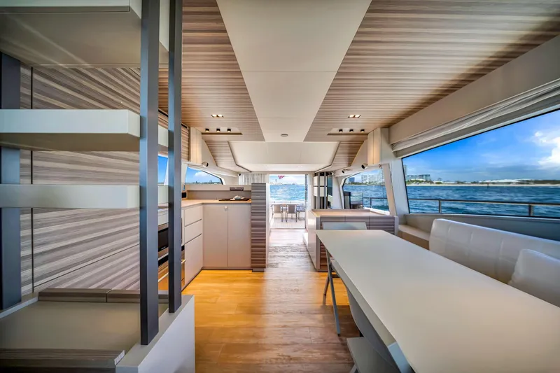 Slide: The Image of Luxurious interior of 2022 Ferretti Yachts 670 with modern design and ocean view. - 35