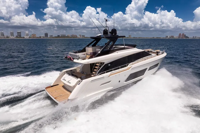Slide: The Image of Luxurious 2022 Ferretti Yachts 670 cruising on open water under a clear sky. - 67