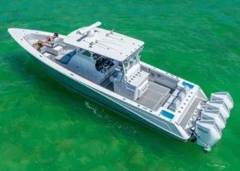 Slide: The Image of 2023 Concept 39' Open boat on green water. - 2