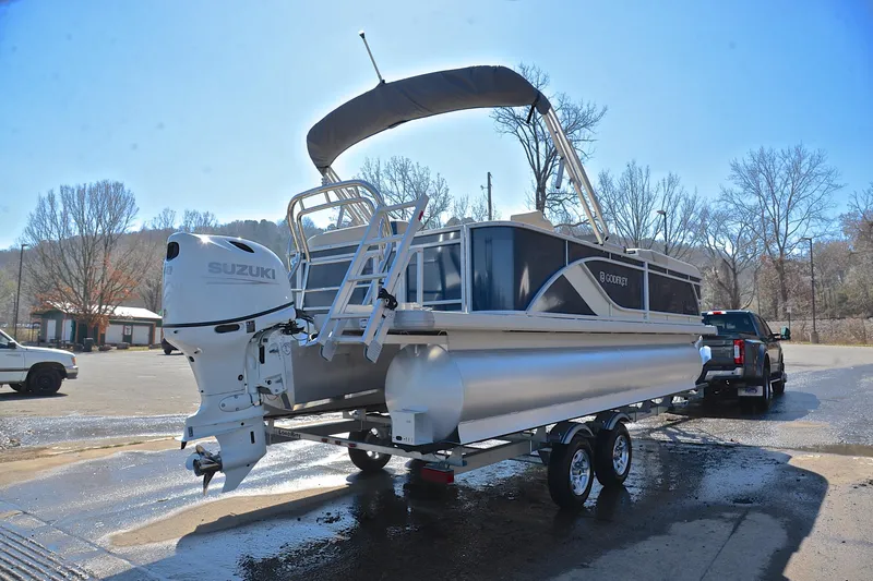 Slide: The Image of 2025 Godfrey Sweetwater 2086 C pontoon boat on trailer, Suzuki outboard motor. - 14