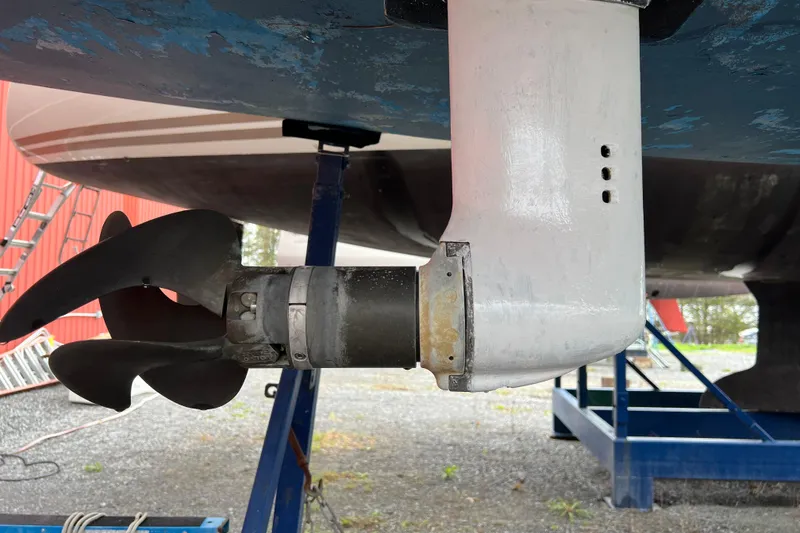 Slide: The Image of Close-up of Bavaria 40 Vision 2008 sailboat propeller and rudder on dry dock. - 9