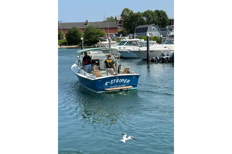 Slide: The Image of 1970 Brownell Cuttyhunk boat named "4-Striper" on water near dock, with seagull flying. - 5