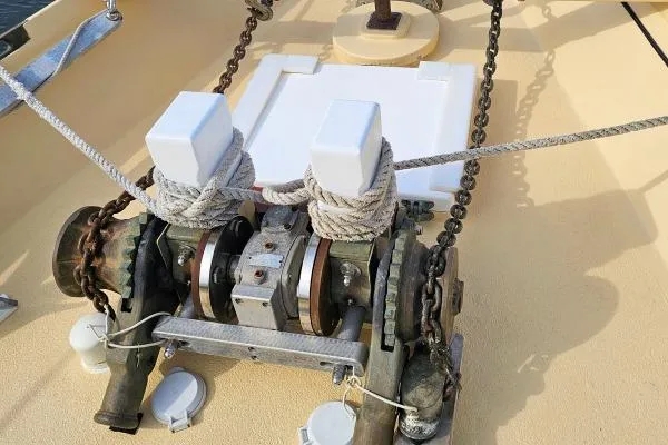 Slide: The Image of Anchor winch system on 2002 Parker Marine Enterprises Lorcha 50 boat deck. - 15