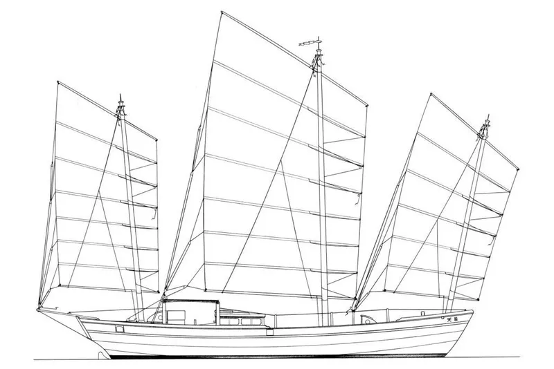Slide: The Image of Line drawing of 2002 Parker Marine Enterprises Lorcha 50 sailboat with three sails. - 20