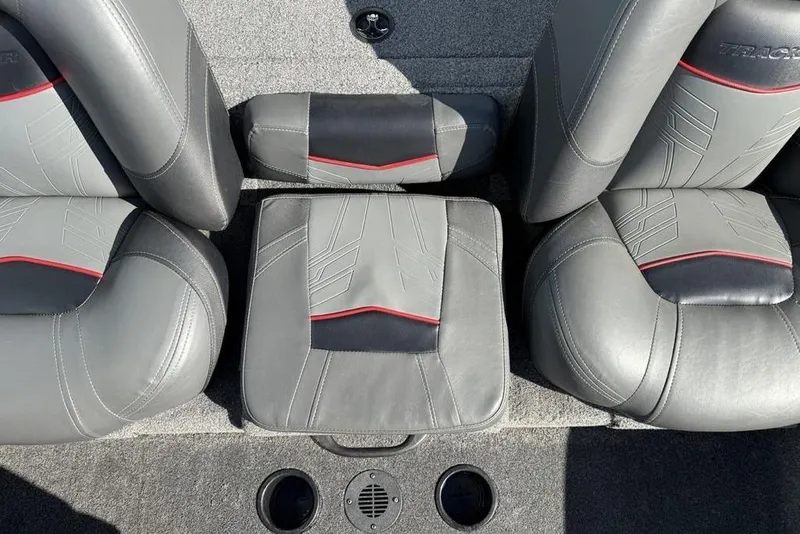 Slide: The Image of 2022 Tracker Pro Team 175 TXW Tournament Edition boat seats, gray with red accents. - 17
