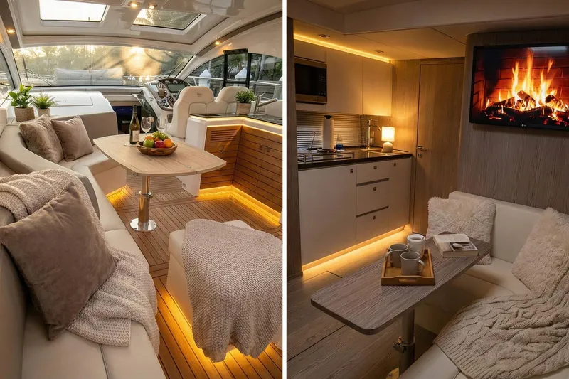 Slide: The Image of Luxurious interior of 2024 Sessa Marine C44 Cruiser with elegant seating and ambient lighting. - 20