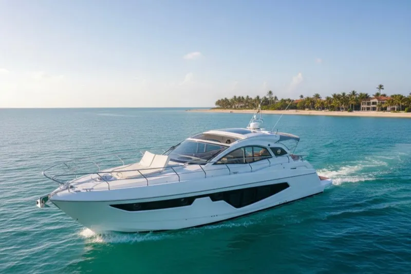 Slide: The Image of 2024 Sessa Marine C44 Cruiser yacht sailing on clear blue waters near a tropical coastline. - 23