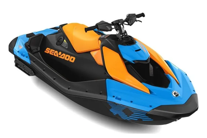 Slide: The Image of 2026 Sea-Doo Spark Trixx for 1, vibrant blue and orange design, side view. - 2