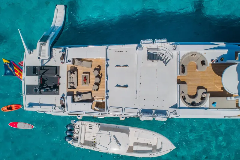 Slide: The Image of Aerial view of 1988 Van Mill Custom yacht with deck seating and water slide. - 102