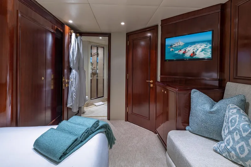 Slide: The Image of Luxurious 1988 Van Mill Custom yacht cabin with elegant wood paneling and modern amenities. - 69