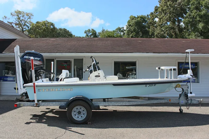 Slide: The Image of 2017 Sterling TR7 boat on trailer, parked outside a building under a clear sky. - 8