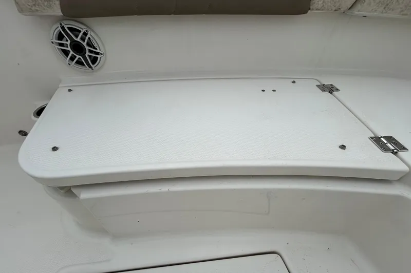Slide: The Image of 2019 Robalo R242 Explorer boat interior with speaker and storage compartment. - 76