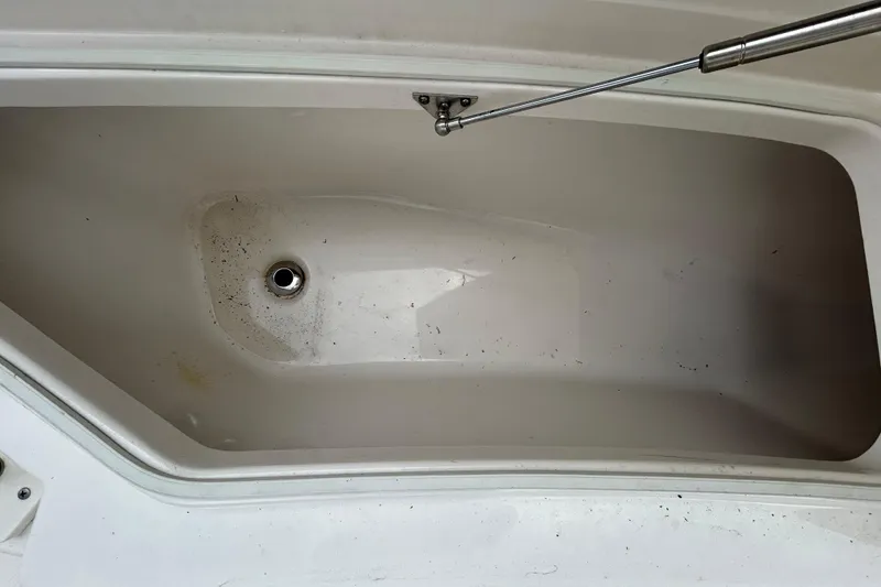 Slide: The Image of 2019 Robalo R242 Explorer storage compartment with drain plug and hydraulic support. - 78