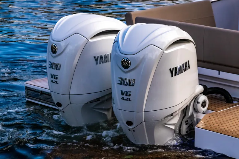 Slide: The Image of Two Yamaha 300 V6 outboard engines on a STERK 31 boat, 2025 model. - 4