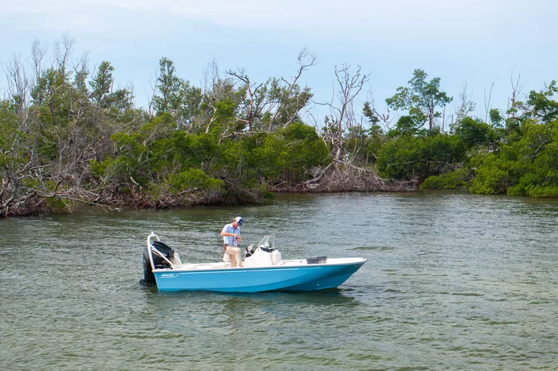 Slide: The Image of Boston Whaler 170 Montauk 2026 on calm water near green shoreline. - 4