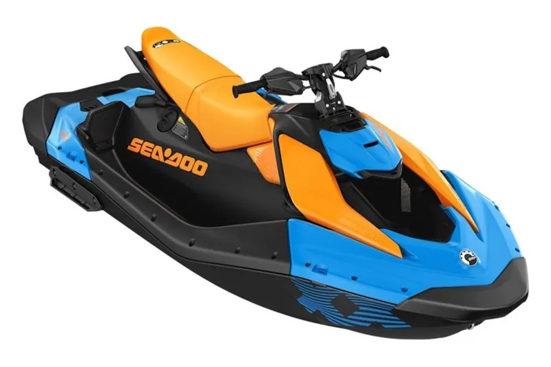Slide: The Image of 2026 Sea-Doo Spark Trixx for 3, vibrant blue and orange design, side view. - 14