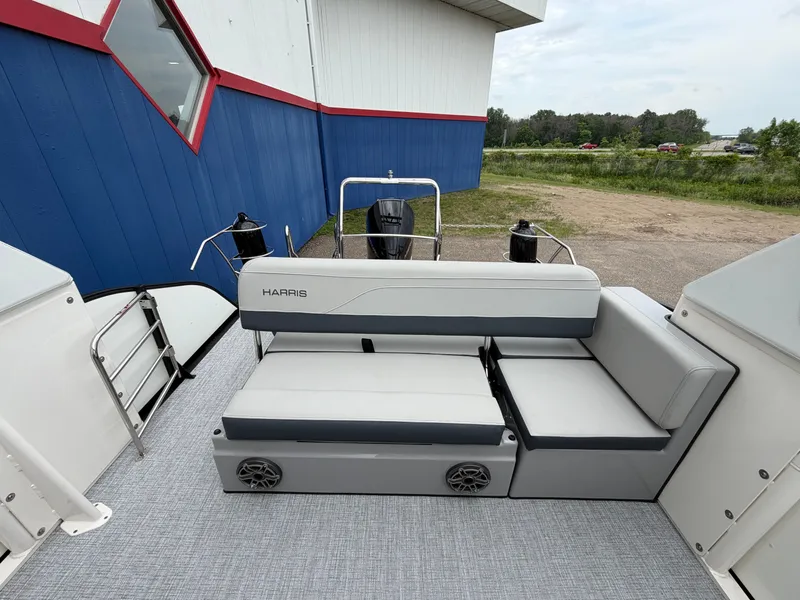 Slide: The Image of 2026 Harris Grand Mariner 230 pontoon boat with gray seating. - 15