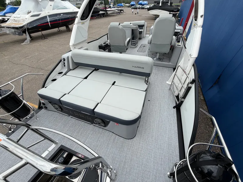 Slide: The Image of Harris Grand Mariner 230 boat 2026, luxurious interior, gray upholstery. - 8