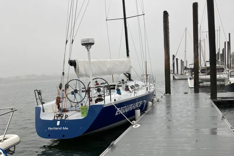 Slide: The Image of Sailboat "Endurance" docked in foggy marina, Tripp 47 model, 1995, Portland, Maine. - 3