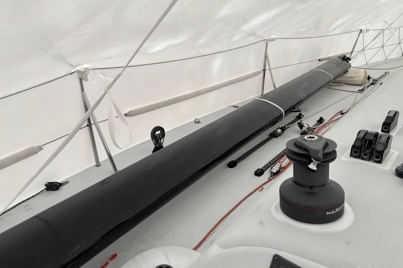 Slide: The Image of Deck of a 1995 Tripp 47 sailboat with winches and rigging equipment. - 50