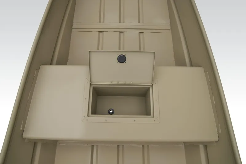 Slide: The Image of 2026 Tracker Grizzly 15 Jon boat interior with storage compartment, beige finish. - 6