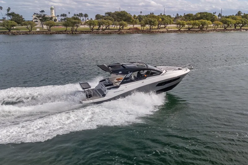 Slide: The Image of 2026 Granfort 370 GTX luxury yacht cruising on a scenic waterway. - 20