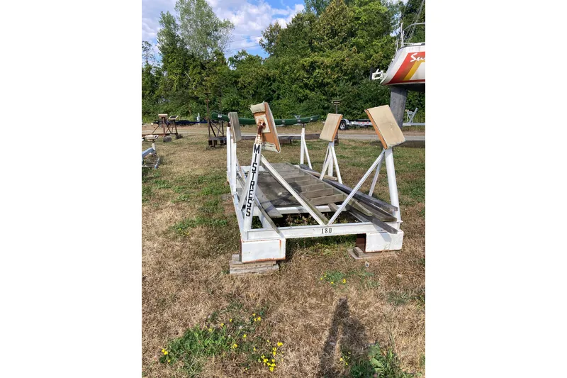 Slide: The Image of Boat cradle on grass, labeled "Mistress," surrounded by trees and clear sky. - 28