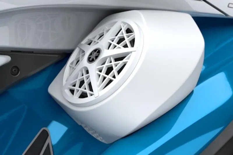 Slide: The Image of 2026 Yamaha WaveRunner FX Cruiser HO speaker detail, featuring sleek white and blue design. - 4