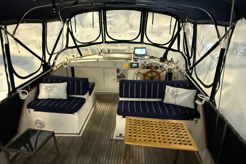 Slide: The Image of Interior of 1991 Grand Banks 42 Classic yacht with seating and navigation area. - 80