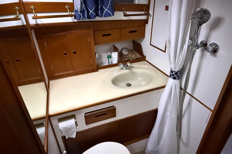 Slide: The Image of Bathroom interior of 1991 Grand Banks 42 Classic yacht with sink and shower. - 73