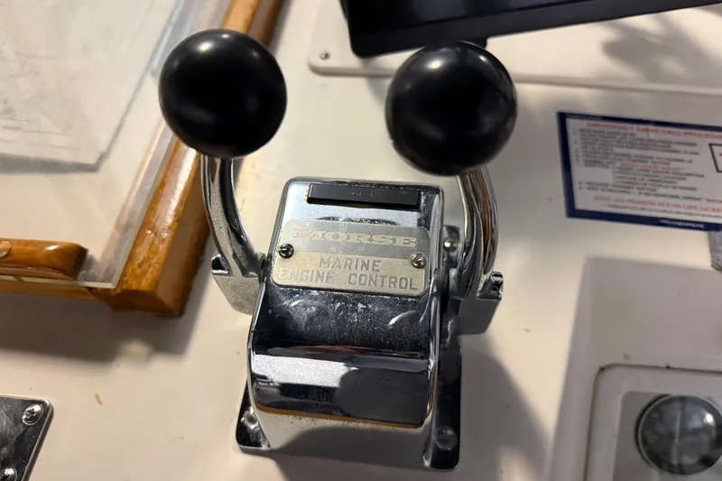 Slide: The Image of Dual lever Morse marine engine control on 1991 Grand Banks 42 Classic yacht. - 89