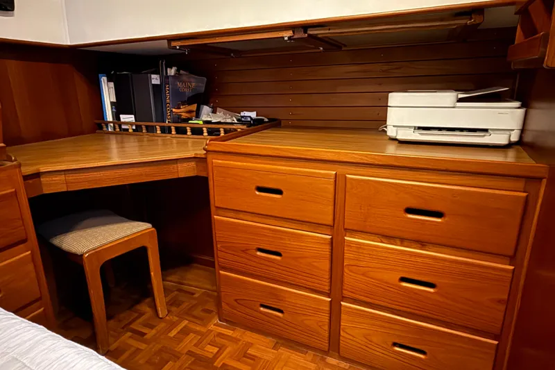 Slide: The Image of Wooden interior of 1991 Grand Banks 42 Classic with desk, drawers, and printer. - 56