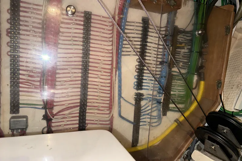 Slide: The Image of Electrical wiring panel on a 1991 Grand Banks 42 Classic boat. - 119