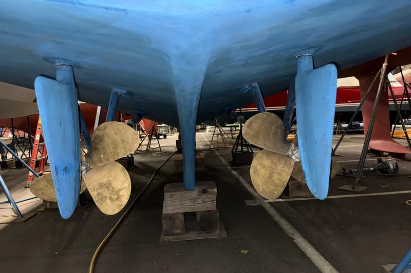 Slide: The Image of Underwater view of 1991 Grand Banks 42 Classic boat propellers in dry dock. - 129