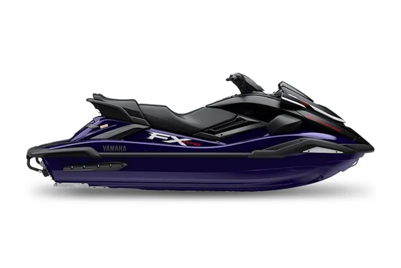 Slide: The Image of 2026 Yamaha WaveRunner FX SVHO, sleek black and purple design, side view. - 2