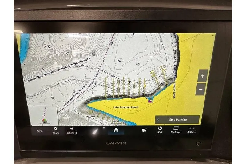 Slide: The Image of Garmin navigation screen displaying Lake Raystown Resort map on Evotti 521CS, 2026 model. - 35